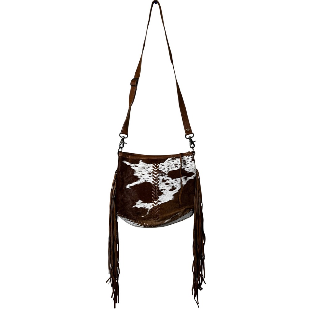 Myra Bag Edgy Hairon Leather Fringe Crossbody Bag Brown Western Boho Whipstitch